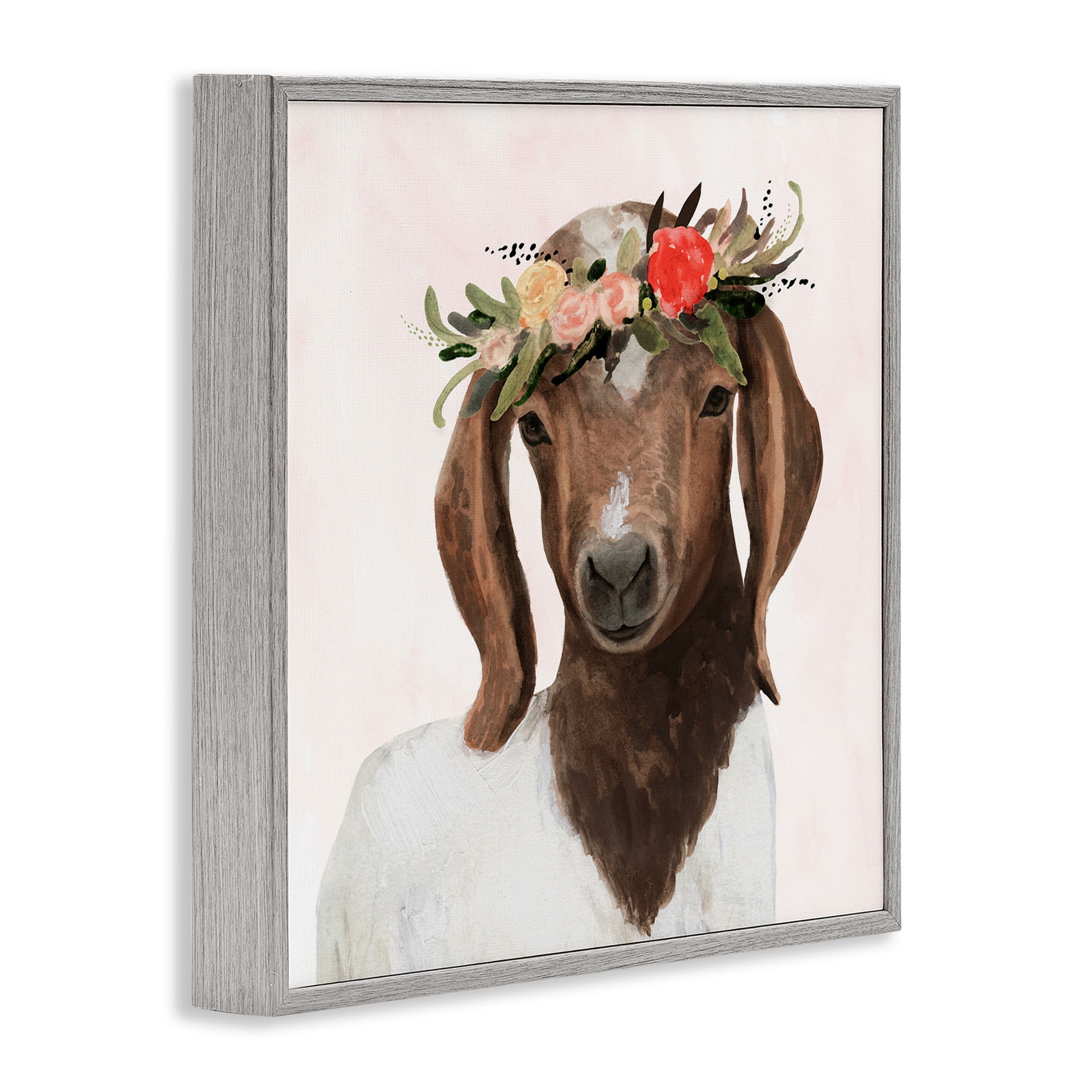 Stupell Industries Springtime Flower Crown Long Ear Goat Animals & Insects Painting Gray Framed Art Print Wall Art, 12 x 12