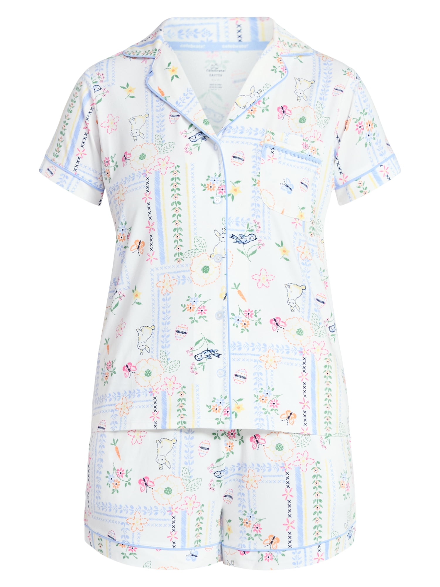 Easter Women's and Women's Plus Notch Collar Top and Shorts Pajama Set from Way to Celebrate, 2-Piece, Sizes XS-3X