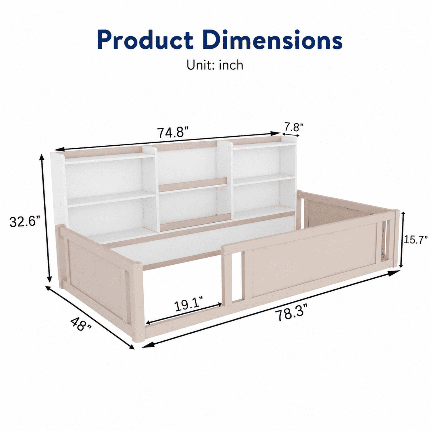 Miniyam Twin Size Floor Bed, Kids Bed Frame with Guardrails and 6 Built-In Side Storage Shelves, Nude and White