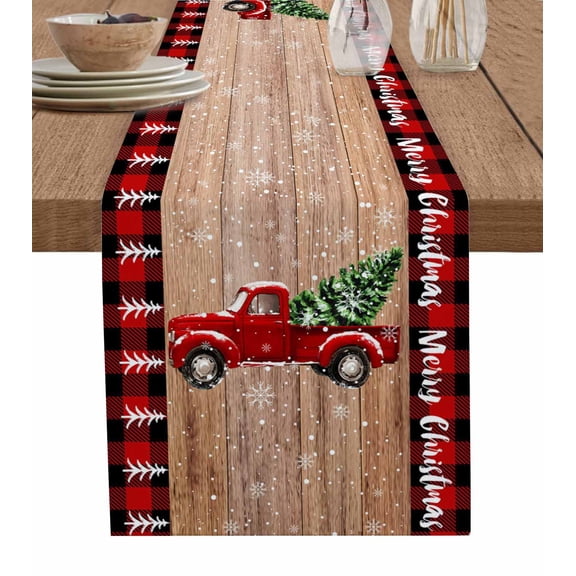 Table Runners 48 Inches Long Dress Scarves, Red Truck Christmas Farmhouse Kitchen/Dining Table Runner, Short Coffee Tablerunners, Plaid Xmas Tree Snowflake Vintage 13x48 Inch
