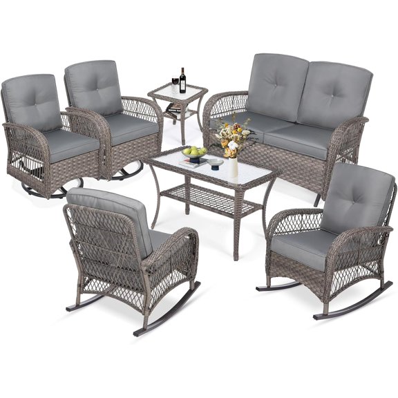 MEETWARM 7 Pieces Outdoor Patio Rattan Furniture Sets, All Weather Patio Wicker Conversation Set- 2 Rocking Chairs, 2 Swivel Chairs, 1 Loveseat Glider w/Cushions, 2 Glass-Top Coffee Table, Gray