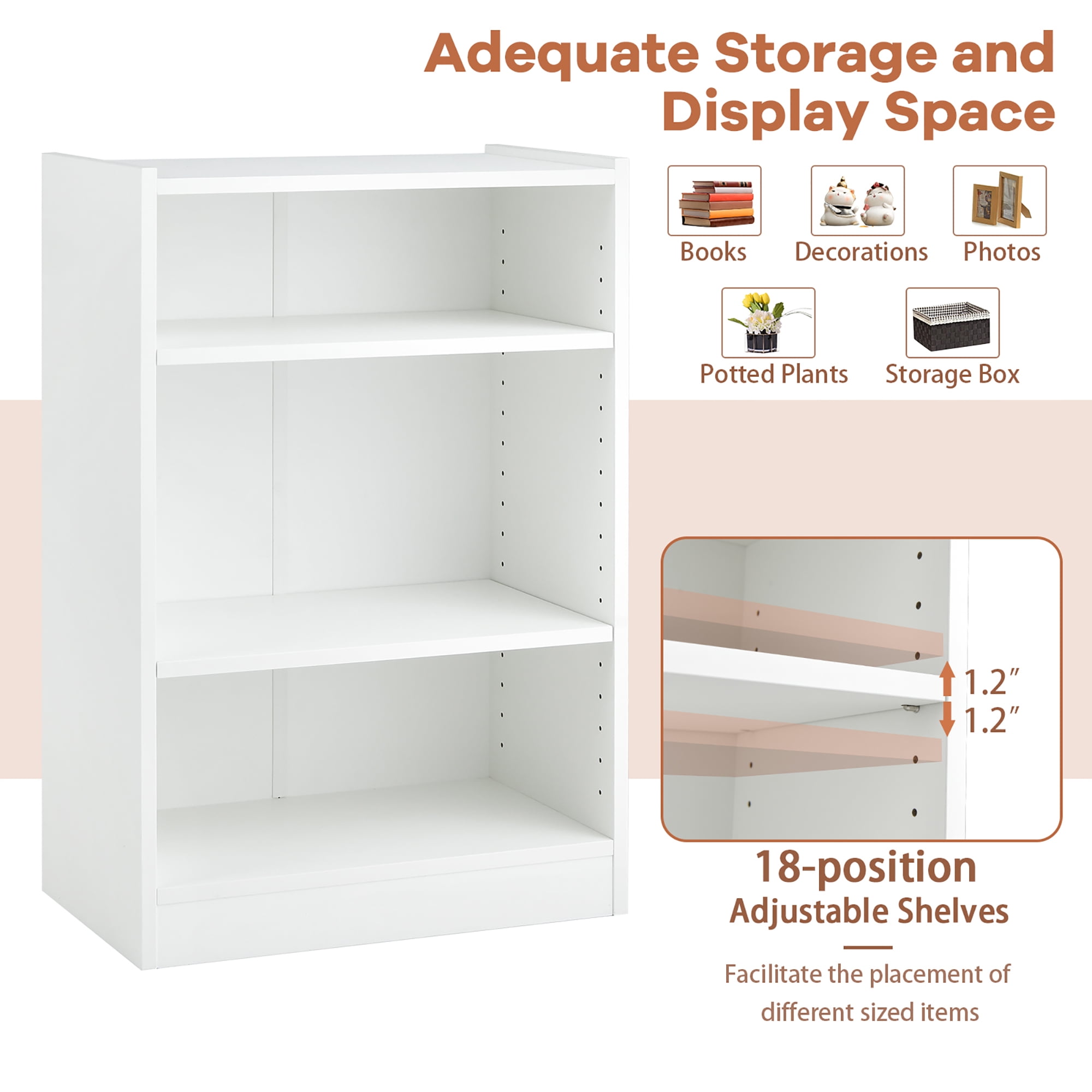 Costway 3-Tier Bookcase Open Multipurpose Display Rack Cabinet with Adjustable Shelves White