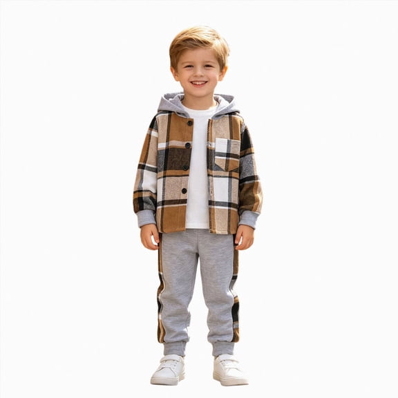 HCNTES 2 Pieces Sweatsuit Flannel Plaid Shirt Tops Hoodies Cargo Sweat Pants Clothing Set