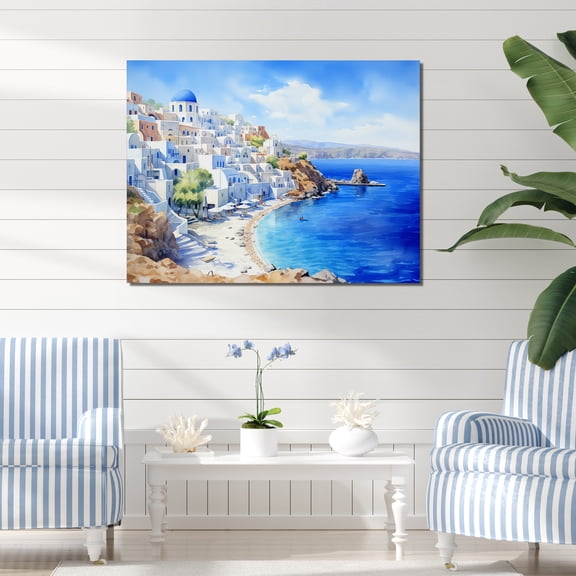 Designart "Coastal View of Santorini, Greece III" Landscapes Wall Art - Country White Greece Living Room Canvas Art