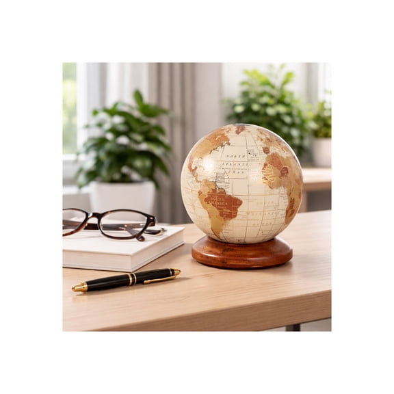 Classic Mango Wood World Globe for Office Desk - Decorative Desktop Globe for Book Shelf, Tabletop, and Home Decor - 6", Brown