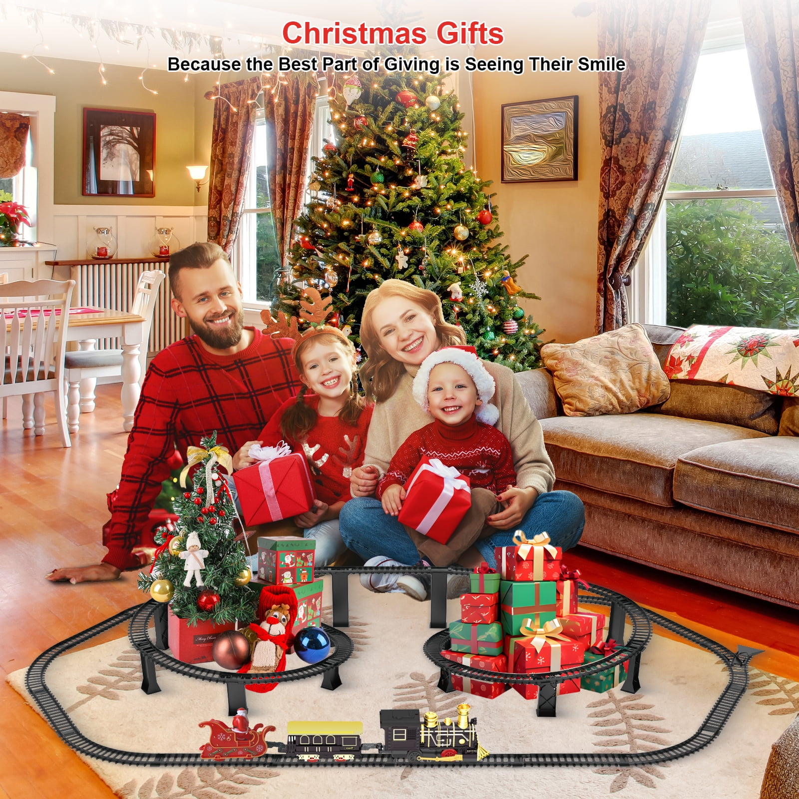 UFULMN Electric Train Set with 3D Elevated Tracks Quiet Mode Christmas Train Maximum Recommended Age 3+ for Kids Material