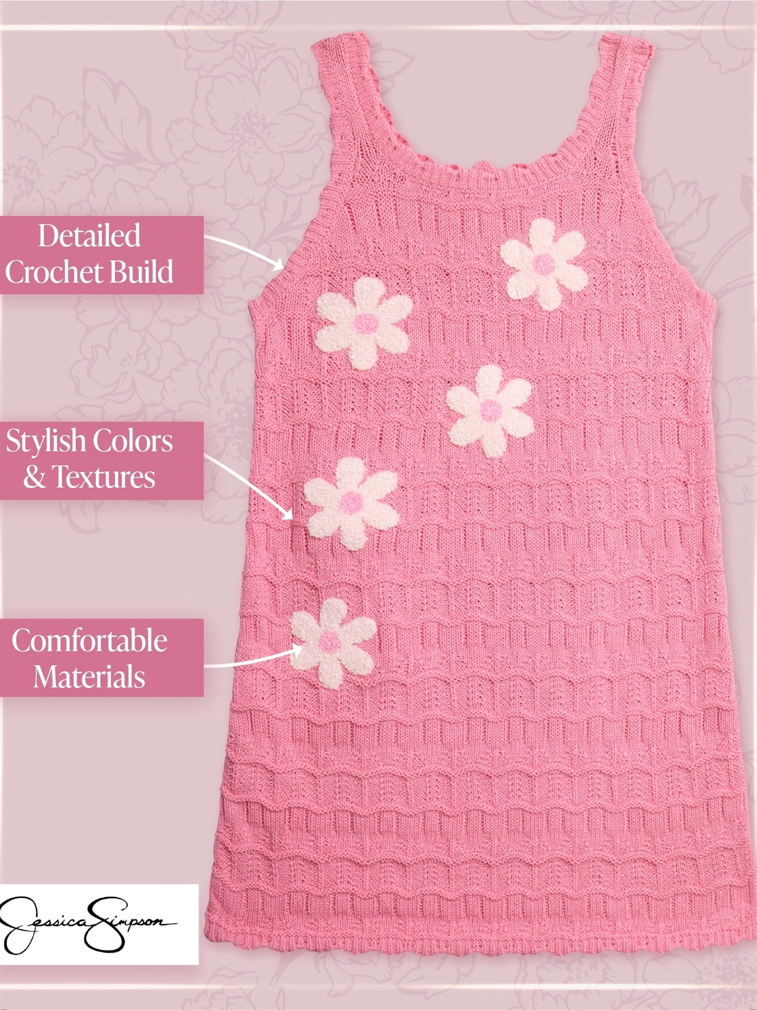 Jessica Simpson Girls' Crochet Dress with Floral Applique, Sizes 4-16