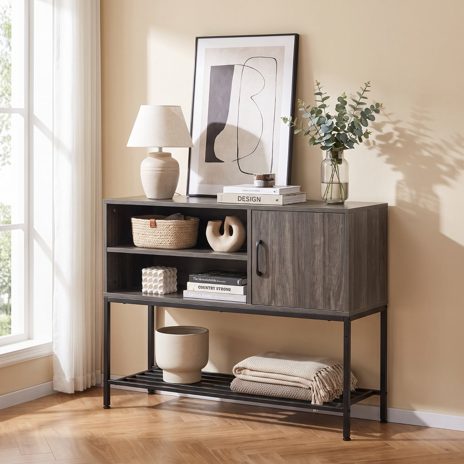 Furnibear Buffet Sideboard Coffee Bar Cabinet with Power Outlets and USB Ports for Kitchen Dining Living Room Buffet Storage Server, Gray