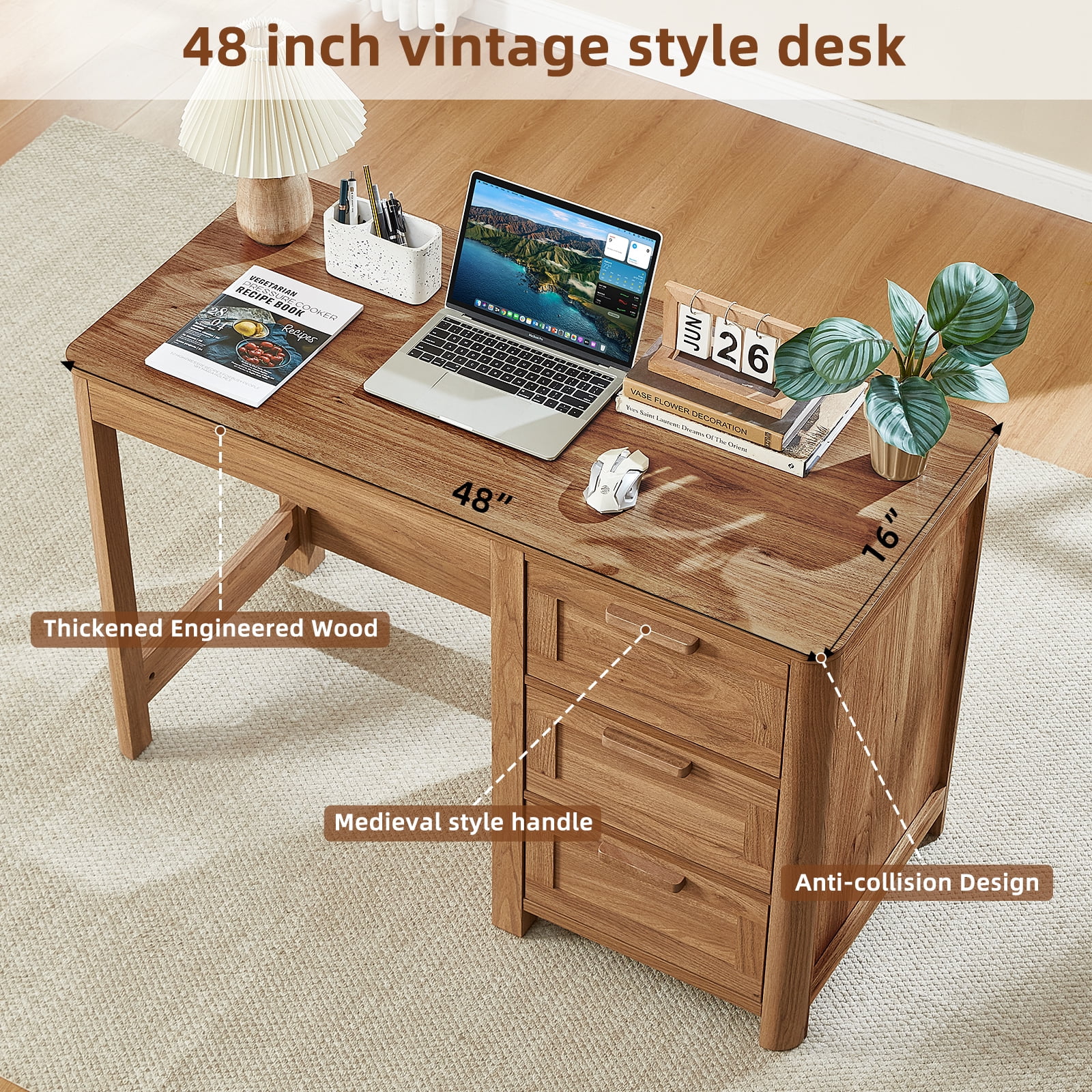 Leyaoyao 48" Computer Writing PC Desk Home Office with Storage Drawers, Modern Laptop Desk Workstation for Bedroom, Dark Wood