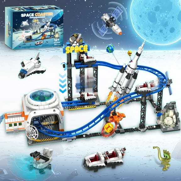 Space Roller Coaster Building Toy for Boys 12 , City Amusement Park Building Block Featuring a Roller Coaster Toy, Lift Platform, Satellites, Rocket, Christmas Toy for Kids Ages 12 , 1288Pcs