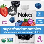 Noka Organic Superfood Smoothie Pouches, Plant Protein, Super Berry, 4.22oz, 4 Pack