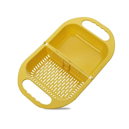 

2Pcs PP Draining Basket Portable Collapsible Washable 2 Compartments Fruit Washing Colander Indoor Strainer Tools with Buckle Yellow