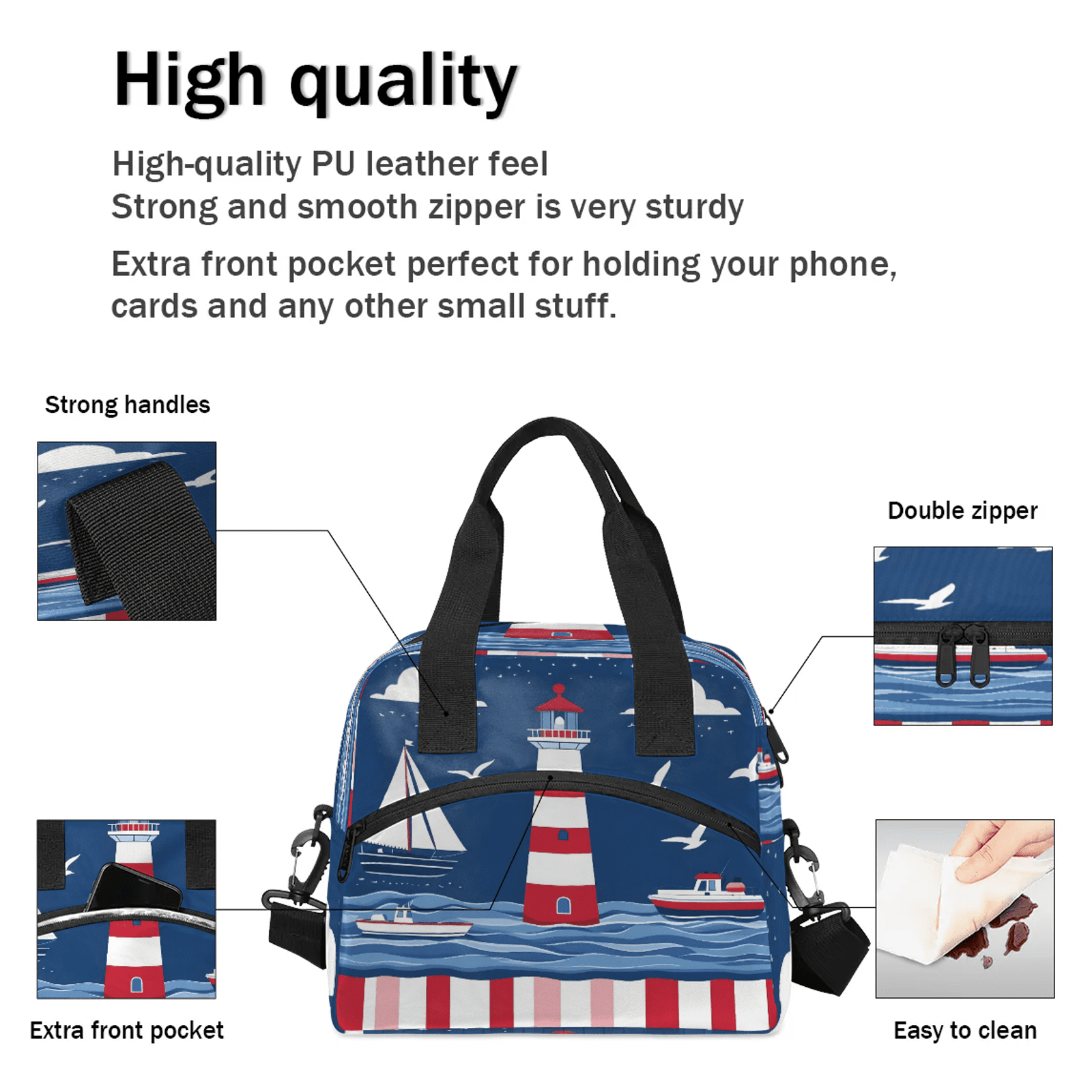 Herdesigns Lighthouse Lunch Bag for Women Men Adult, Ocean Beach Theme Large Insulated Reusable Lunch Box Leakproof Portable Cooler Tote Bags for Work Picnic Beach