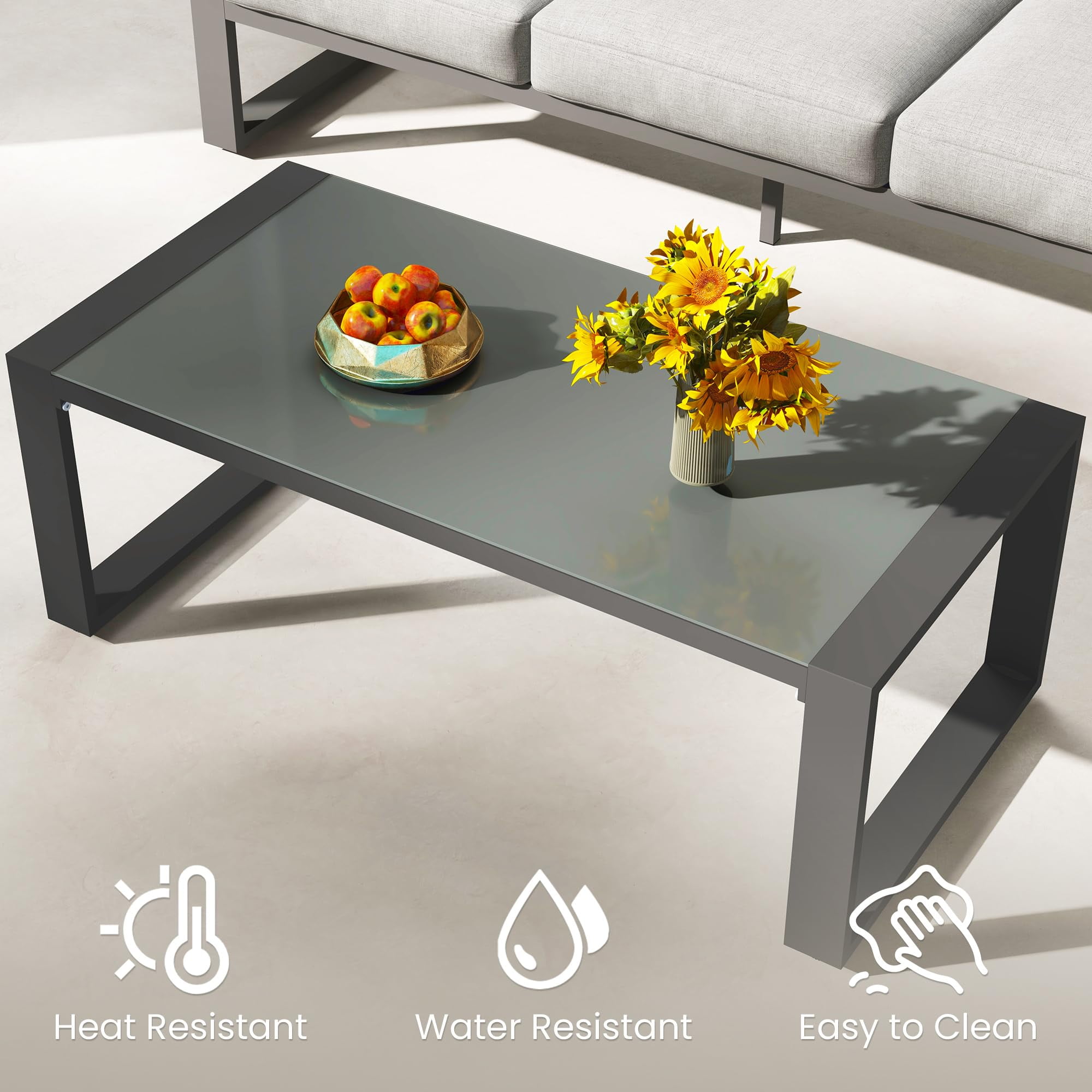Heynemo Aluminum Outdoor Coffee Table, All-Weather Metal Rectangular Patio Side Table with Tempered Glass Top, Patio Tables for Porch Backyard Garden, Beige