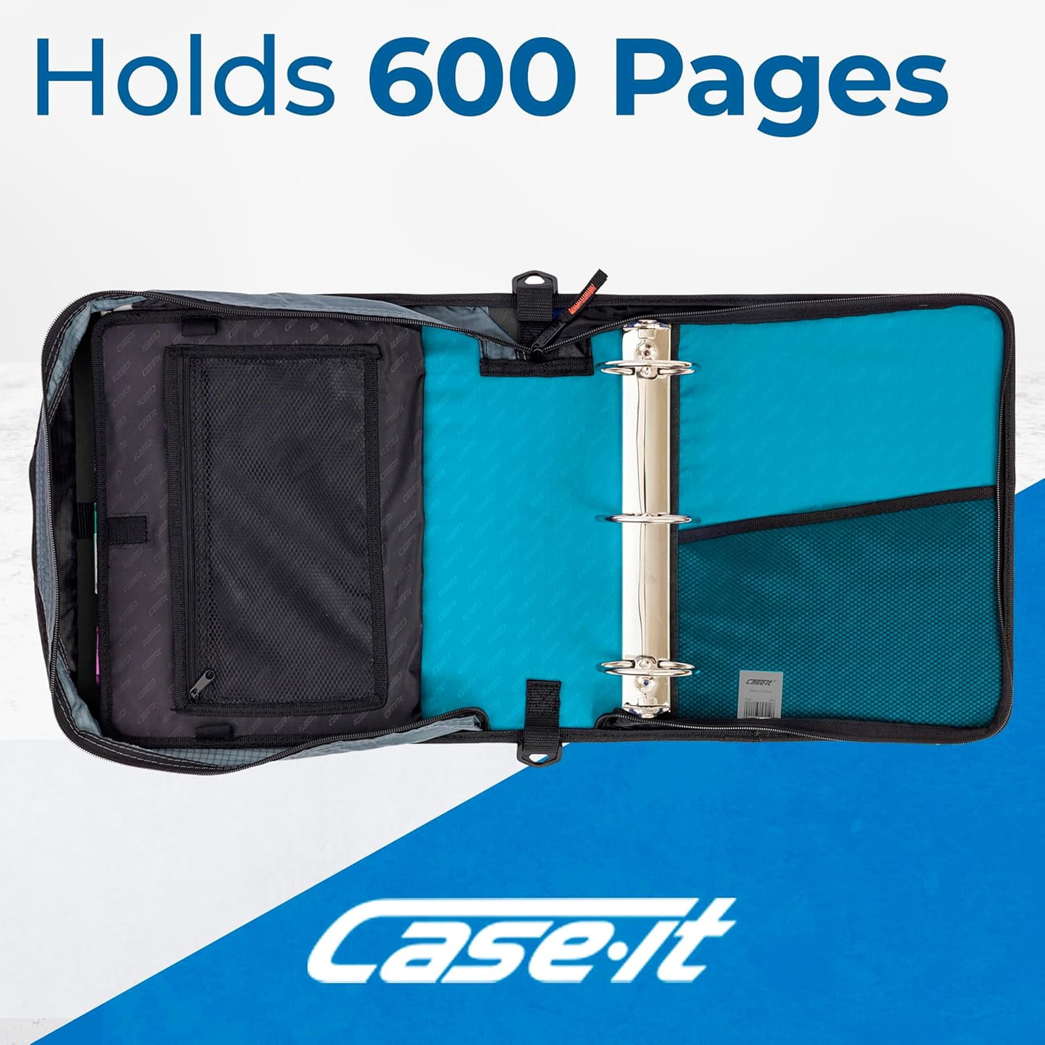 Case-it The Mighty Zip Tab Zipper Binder - 3 Inch O-Rings - 5 Color Tab Expanding File Folder - Multiple Pockets - 600 Sheet Capacity - Comes with Shoulder Strap - Aqua Marine D-146