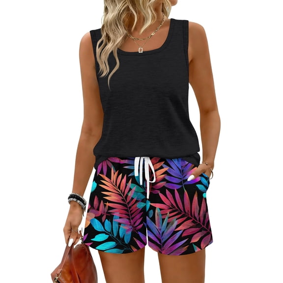 JULMCOMO 2 Piece Sets for Women Sleeveless Tank Top Hawaiian Casual Short Sets Drawstring Waist Beach Vacation Summer Clothes with Pockets Black 3XL