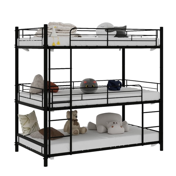 Twin Triple Iron Bunk Frame with Built-in Ladder, Full Guardrail No Box Spring, Black