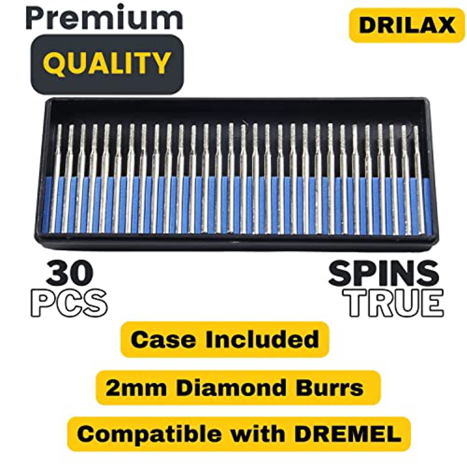 30 pcs Set 2mm Diamond Drill Bit Cylindrical Burr Kit 1/8" Shank