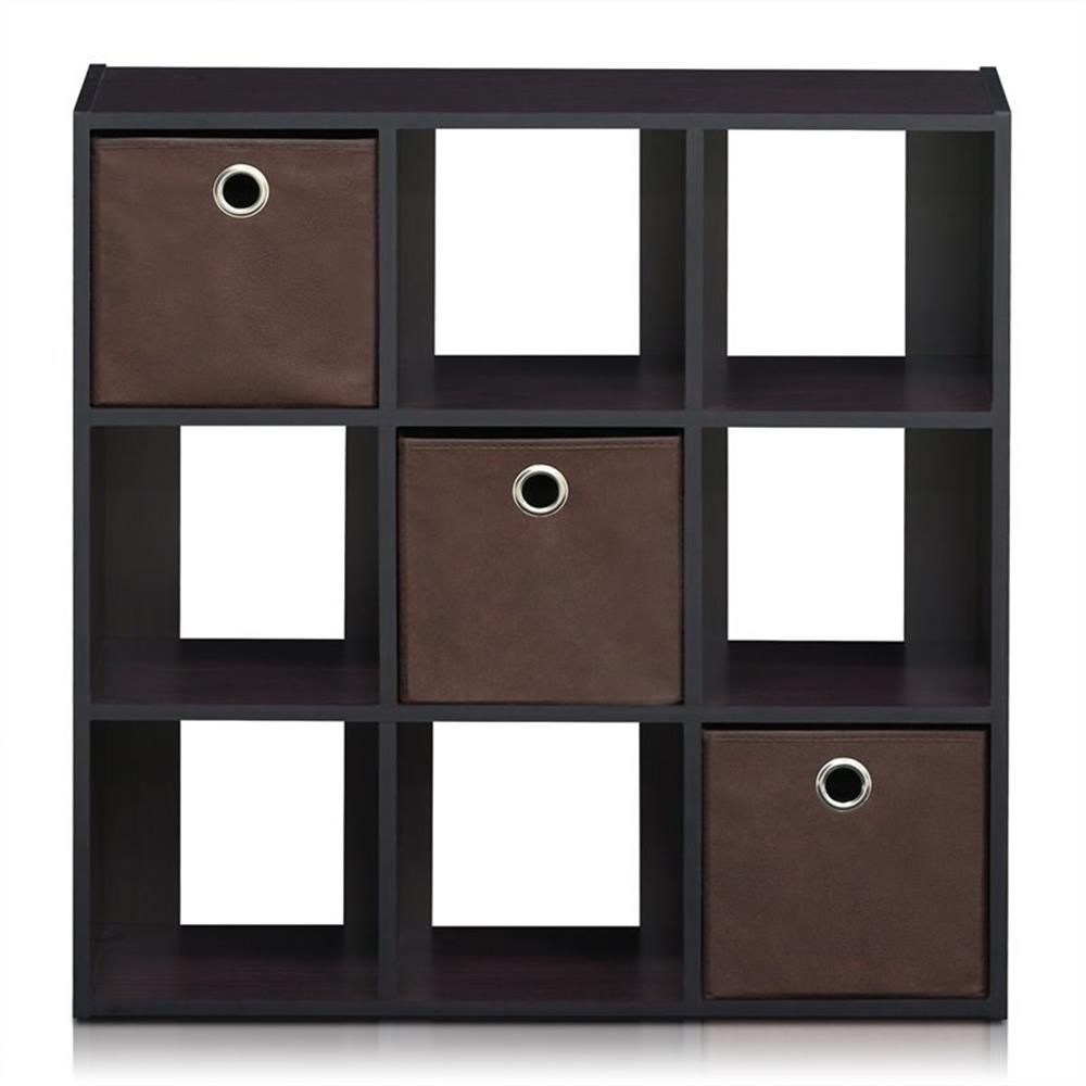 Furinno Engineered Wood SIMPLISTIC 9-Cube Organizer with Bins in Dark Walnut