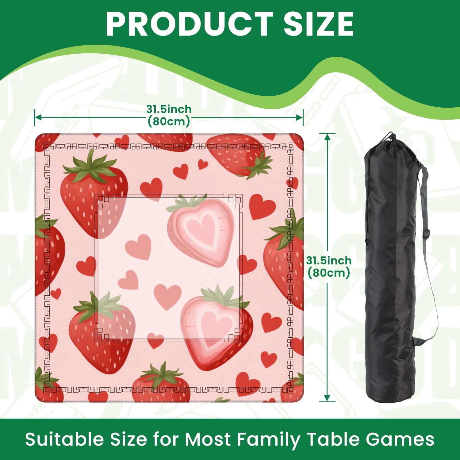 Mahjong Mat 31.5" x 31.5" Strawberry Heart Pastel Pink Non-Slip Noise Reduction American Mahjong Tiles Table Cover for Dominoes Poker Card Board Games Gift