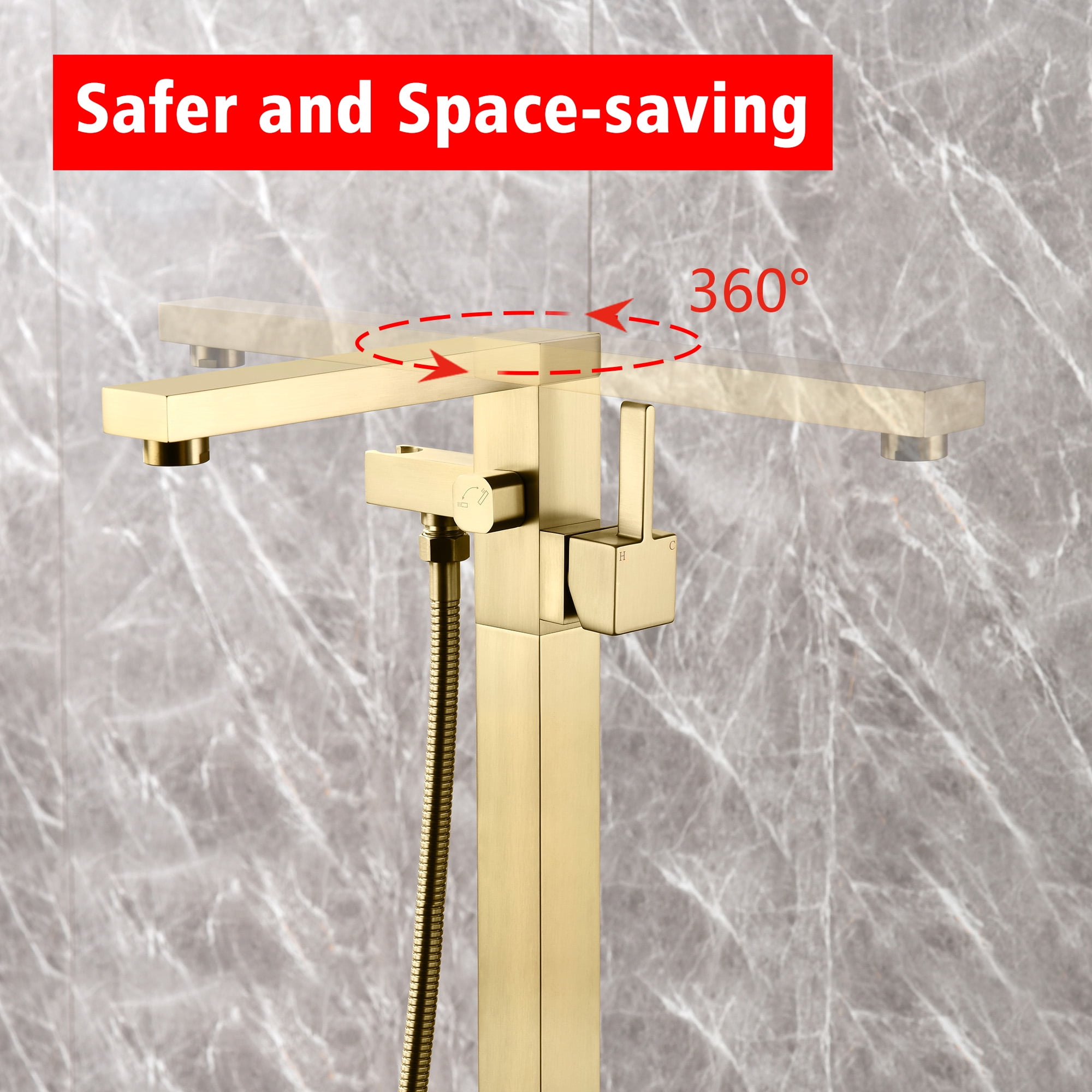 SUMERAIN Brass Floor Mount Bathtub Faucet with Handheld Shower, High Flow Bathroom Freestanding Tub Filler Faucet Brass Single Handle, Brushed Gold
