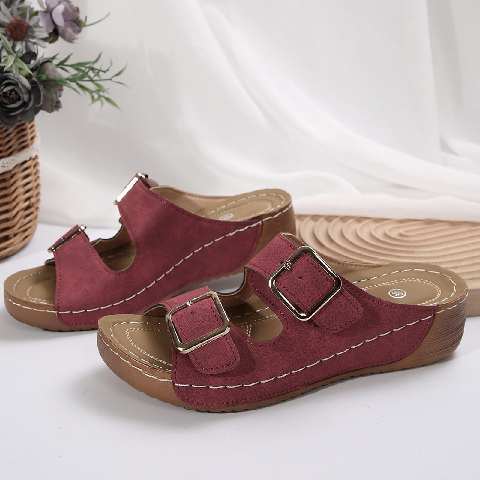 MLCDZ Summer Sandals for Women Orthopedic Wedge Shoes Comfortable Walking Slides Plantar Fasciitis Sandals with Arch Support Anti-Slip Beach Sandals Breathable Red 38