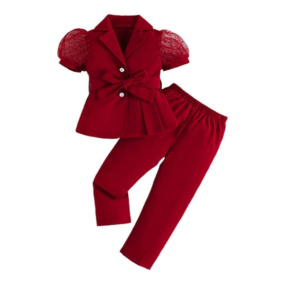 Krdevn Girls Two Piece Outfit Sleeve Blouse with Mesh Sheer and Tailored Long Pants for Toddlers and Kids,Size:4-5 Years