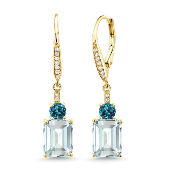 Gem Stone King 18K Yellow Gold Plated Silver Sky Blue Simulated Aquamarine and London Blue Topaz Dangle Earrings for Women (5.26 Cttw, Gemstone Birthstone, Octagon 9X7MM)