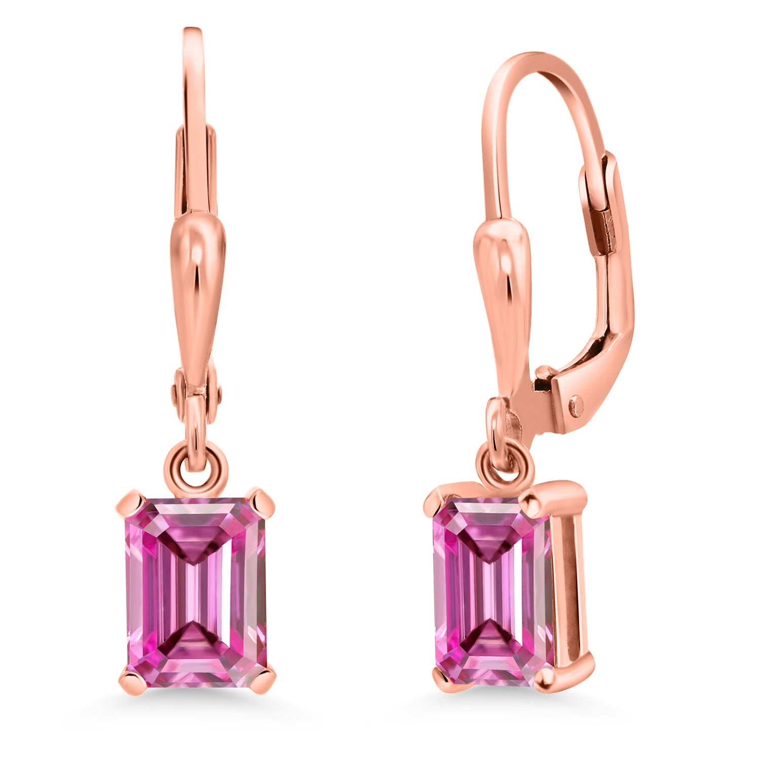 Gem Stone King 18K Rose Gold Plated Silver Pink Moissanite Dangle Dangling Earrings for Women (2.00 Cttw, Gemstone Birthstone, Emerald Cut 7X5MM)