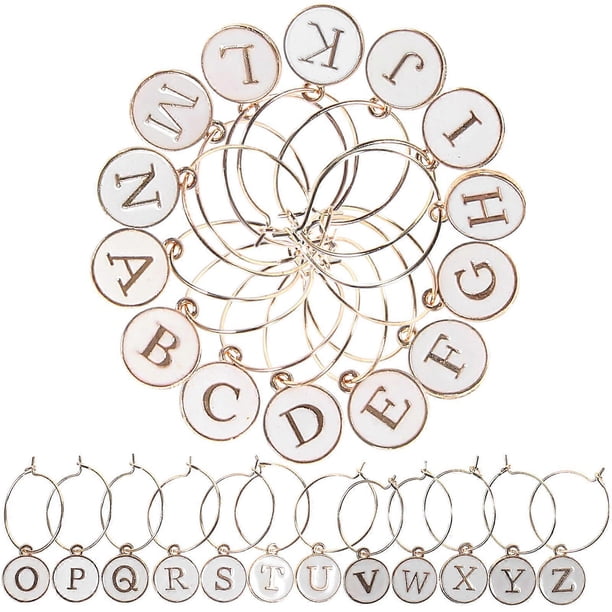 White Zinc Alloy Wine Glass Charms with Letter Pattern for Decoration 26 Pieces