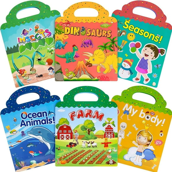 yeacher Reusable Animal and Dinosaur Sticker Books for Kids - 6-Pack Educational Activity Set for Ages 2-6, Perfect for Travel, Learning, and Creative Play