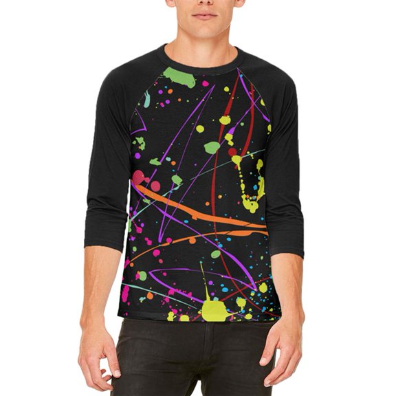 Splatter Paint Black Mens Raglan T Shirt White-Black SM