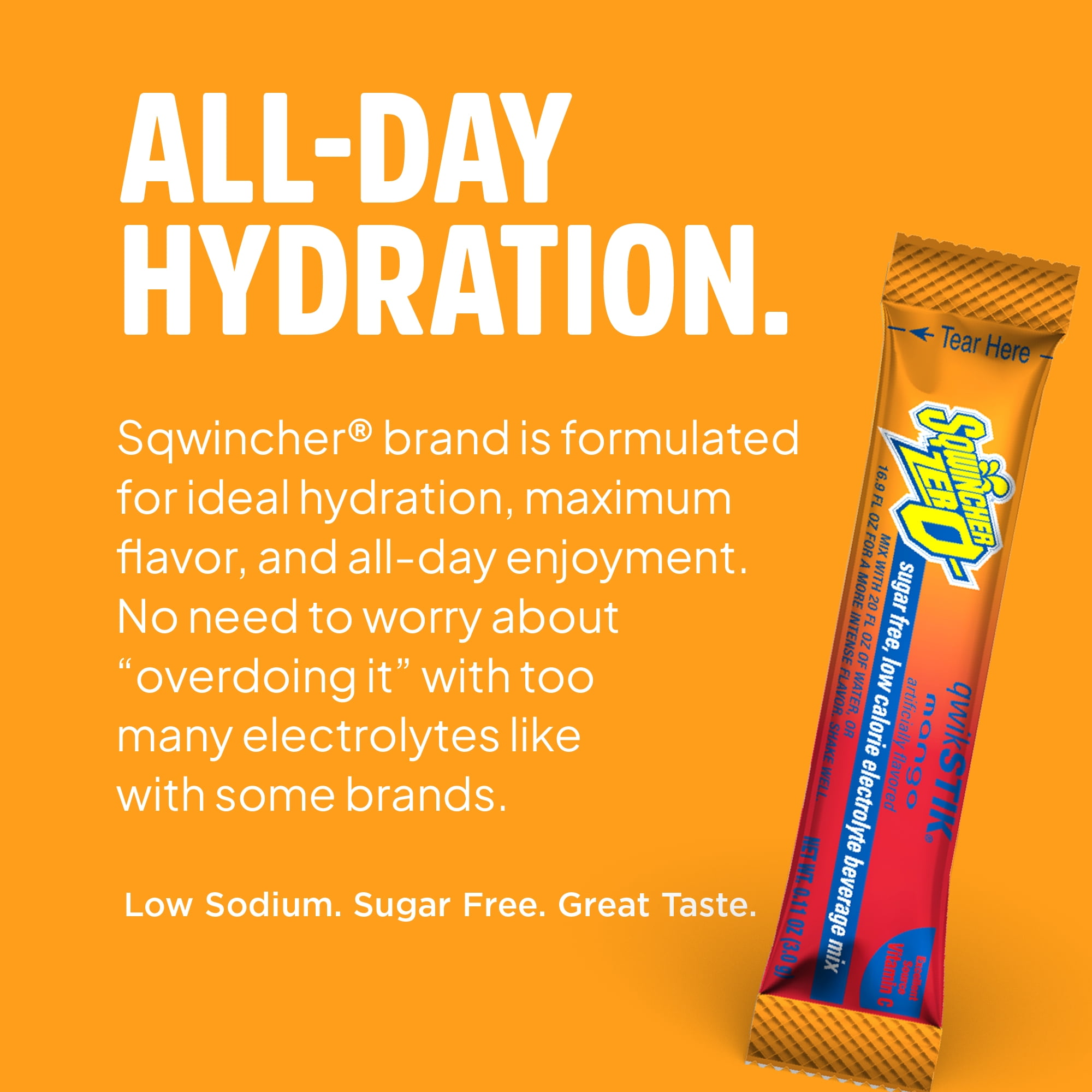 Squincher Zero Electrolyte Powder Packets Qwik Stik  Sugar Free Drink Mix, Mango, 0.11 oz, Makes 20 oz, 50 Sticks per Pack