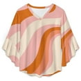 thumbnail image 4 of Abstract Wavy Pastel Orange Pink Women's V-Neck Blouse With 3/4 Ruffled Bell Sleeves Casual Top Ladies Blouses, 4 of 7
