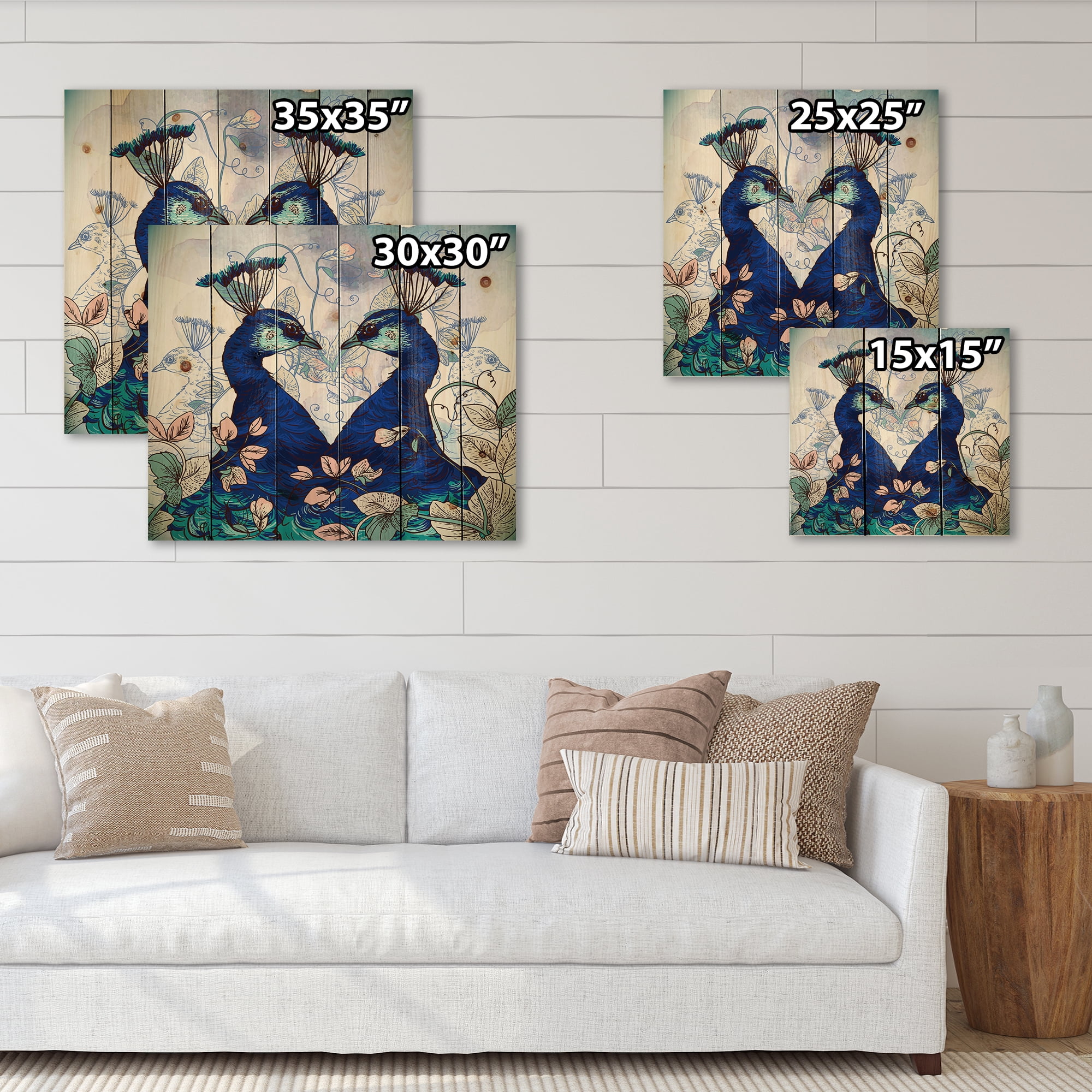 Designart 'Wildflowers With Two Blue Peacocks' Traditional Print on Natural Pine Wood