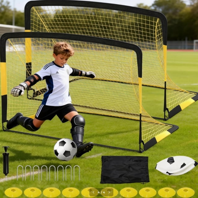 Yeshouse Juego de portería de fútbol de 1,8 x 1,2 m, portátil, paquete de 2 redes plegables con balón, bomba, conos y bolsa – Equipamiento de fútbol para niños para el jardín, fácil montaje