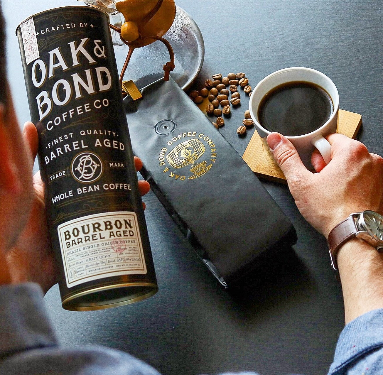 Kentucky Bourbon Whiskey Barrel Aged Coffee, Brazil Single Origin Whole Coffee Bean, Medium Roast w/ Flavor Notes of Chocolate, Caramel, Mandarin Orange, Sweet Bourbon by Oak & Bond Coffee Co. – 10oz.