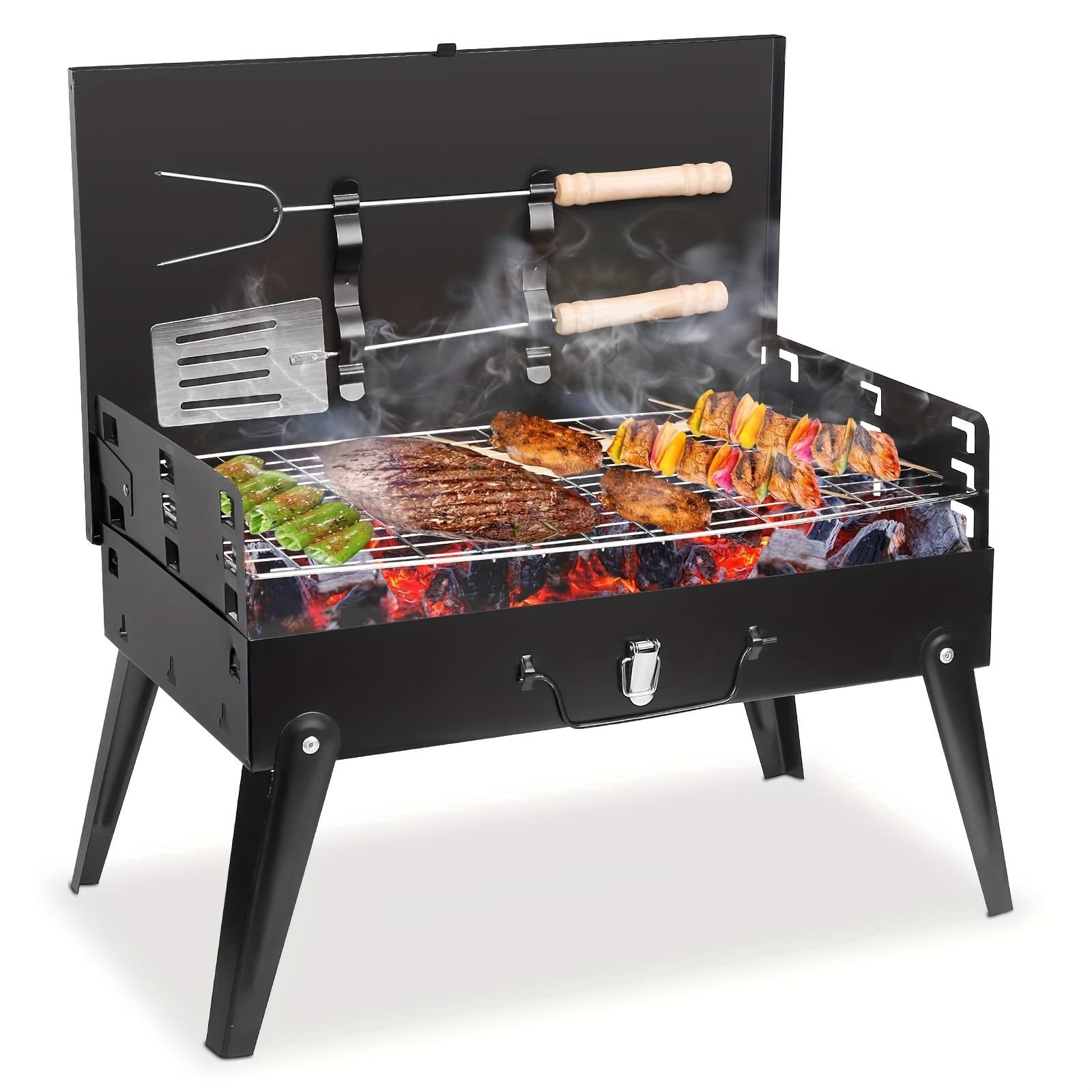 Portable Charcoal Grill, Small BBQ Grill Outdoor Folding Barbecue Grill, Foldable Camping Grill with Barbecue Accessories & Lid for Outdoor Cooking Camp Picnic Steak Hot Dogs