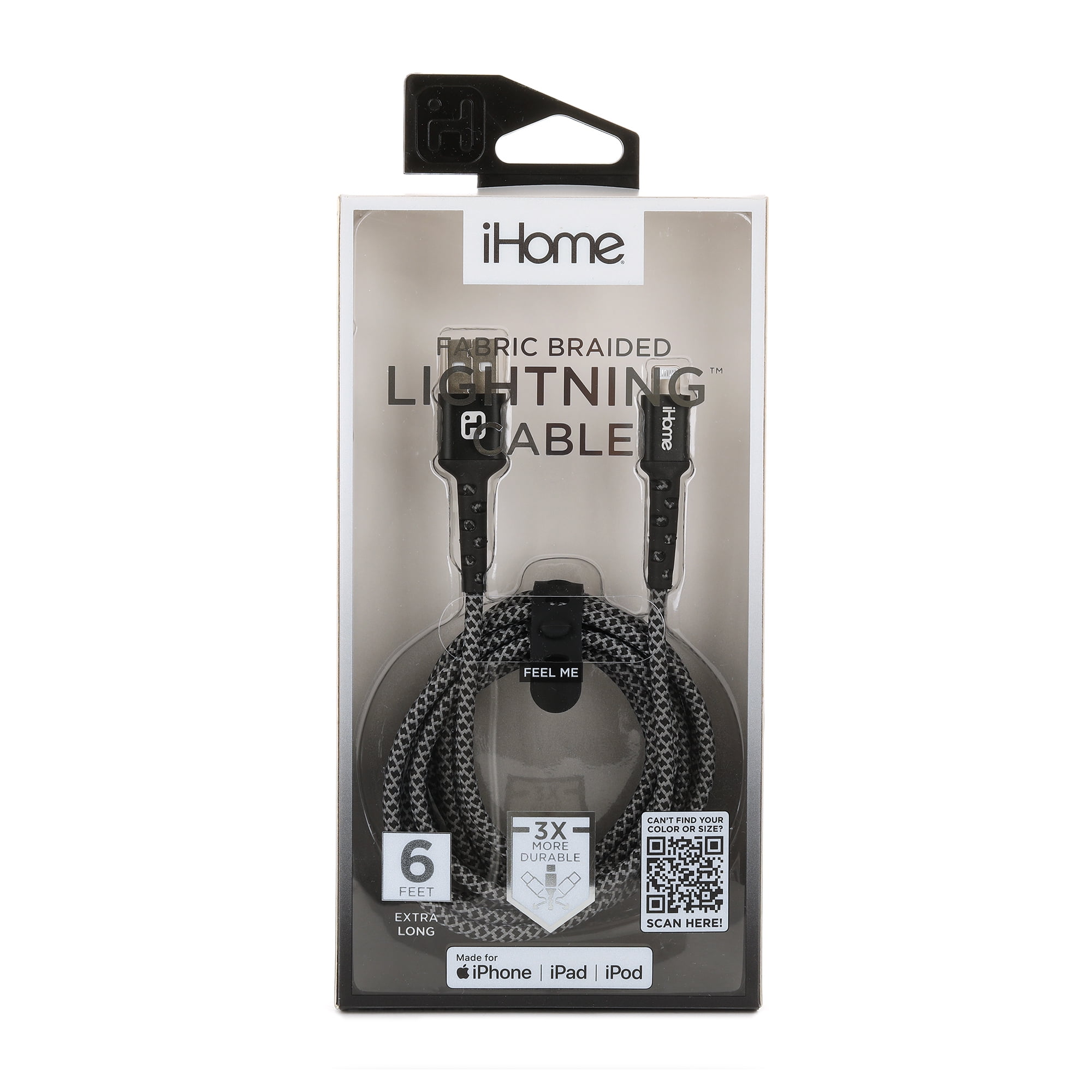 iHome Fabric Braided Lightning to USB Cable, White, 6'