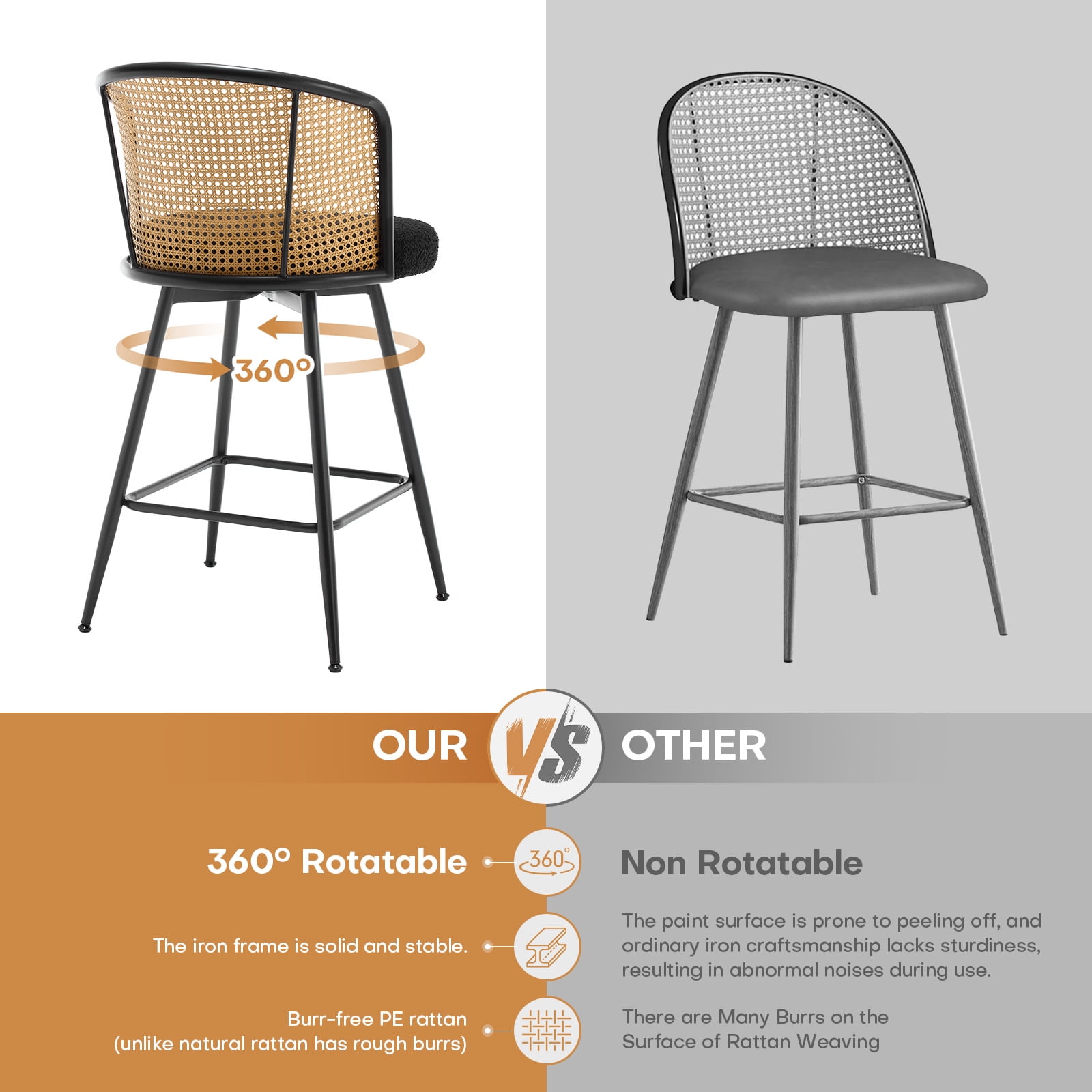 ANMINY Rattan Swivel Bar Stools Set of 2, 26" Counter Height with Rattan Back and Metal Legs, Mid-Century Modern Armless Boucle Fabric Barstools Seat, Upholstered Counter Stools for Kitchen Island