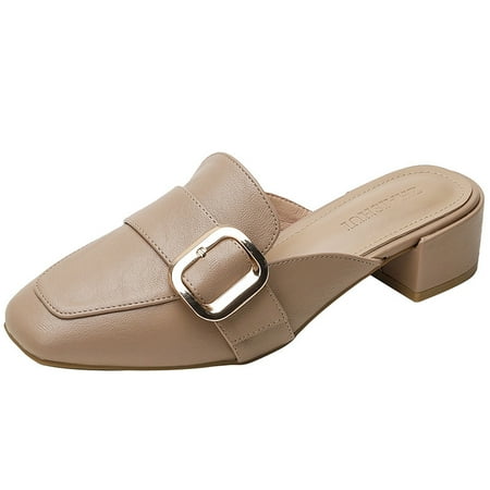 

Women‘s Buckle Belt Flat Mules Solid Color Square Toe Slip On Slides Closed Toe Non-slip Slippers