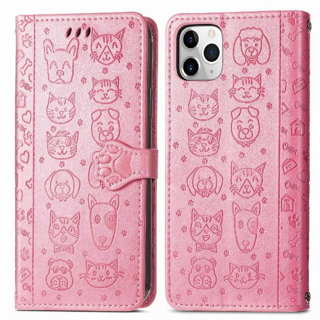 Funda Cartera FOXDOCK para iPhone 11 ProMax , Flip PU con Relieve de Gatos y Perros, Tarjetero y Soporte