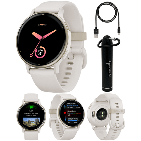 Wearable4U Garmin Vivoactive 5 Health and Fitness GPS Smartwatch, 1.2 in AMOLED Display, Up to 11 Days of Battery, Cream Gold Aluminum Bezel with Ivory Case and Silicone Band Power Bank Bundle