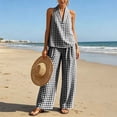 thumbnail image 5 of Linen Plaid Two-Piece Outfit Women’s V-Neck Top Wide-Leg Pants Casual Summer Vacation Set, 5 of 7