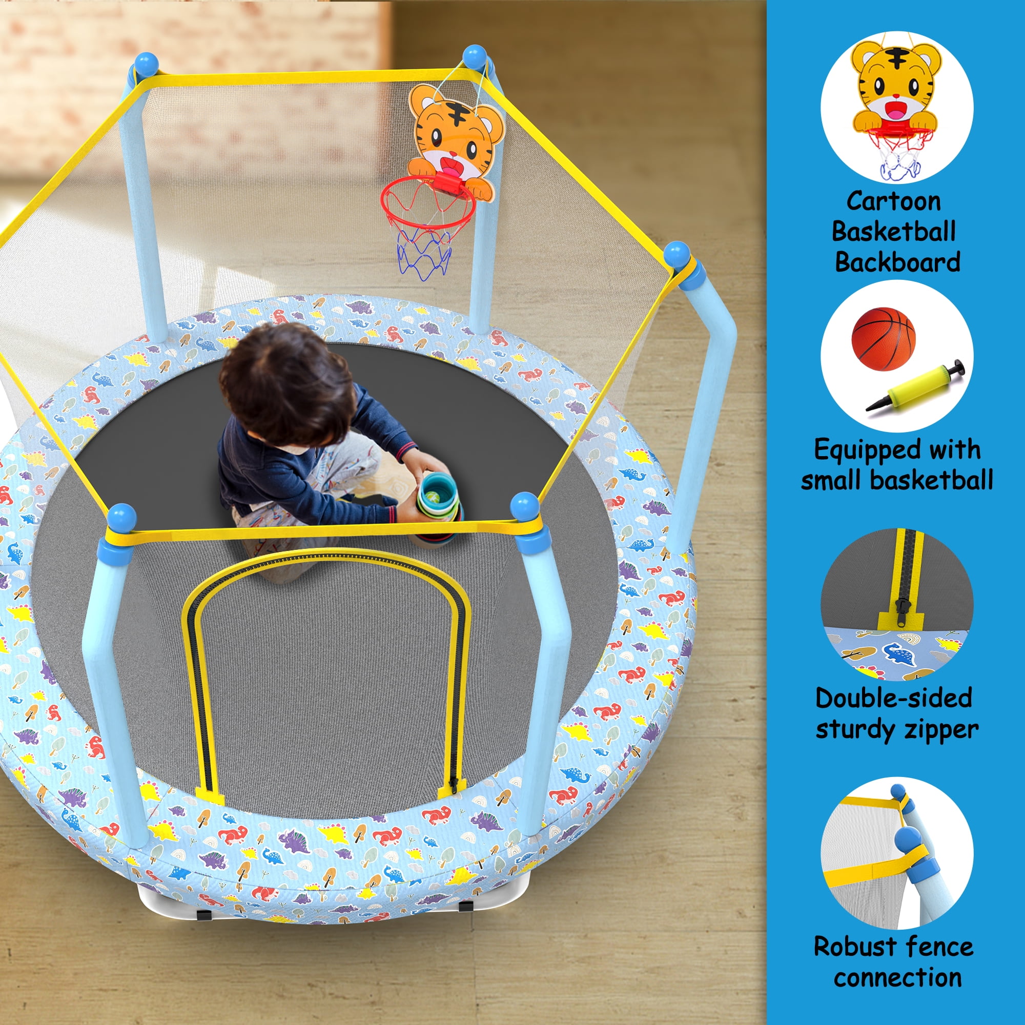 55 Inch Printed Blue Kids Trampoline with Basketball Hoop, Indoor Outdoor Toddler Trampoline