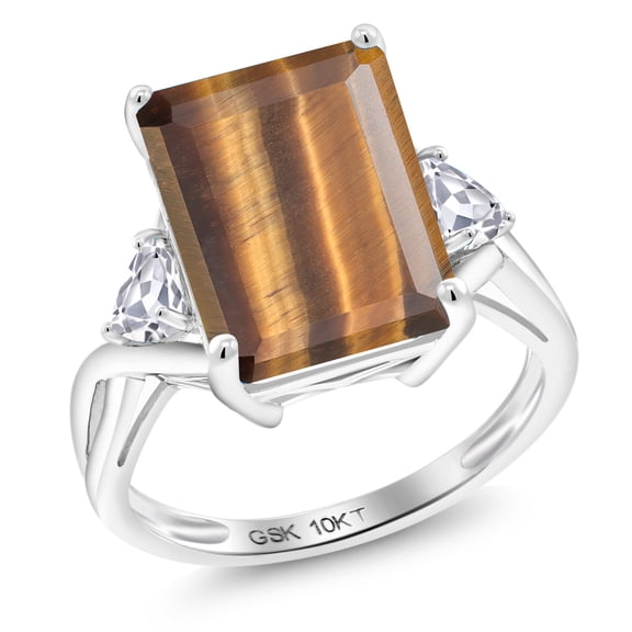 Gem Stone King 10K White Gold Brown Tiger Eye and White Created Sapphire 3 Stone Engagement Ring for Women (7.14 Cttw, Emerald Cut 14X10MM, Trillion 4MM, Size 5)