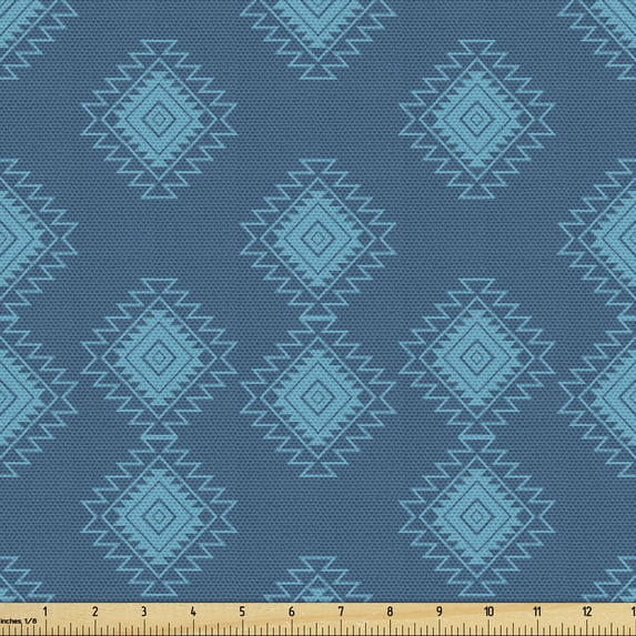 Ethnic Fabric by the Yard, Traditional Bohemian Rhombuses with Zigzags Geometrical Culture Art, Decorative Upholstery Fabric for Sofas and Home Accents, Dark Sky Blue Sea Blue by Ambesonne
