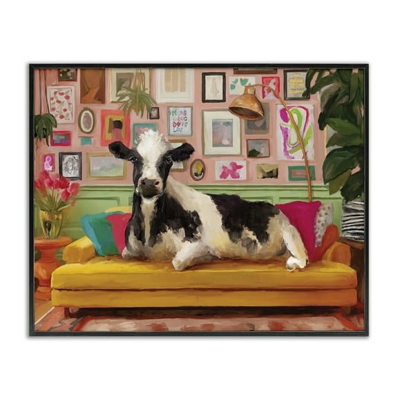 Stupell Industries Cow in Whimsical Maximalist House Animals Painting Black Framed Art Print Wall Art, 14 x 11