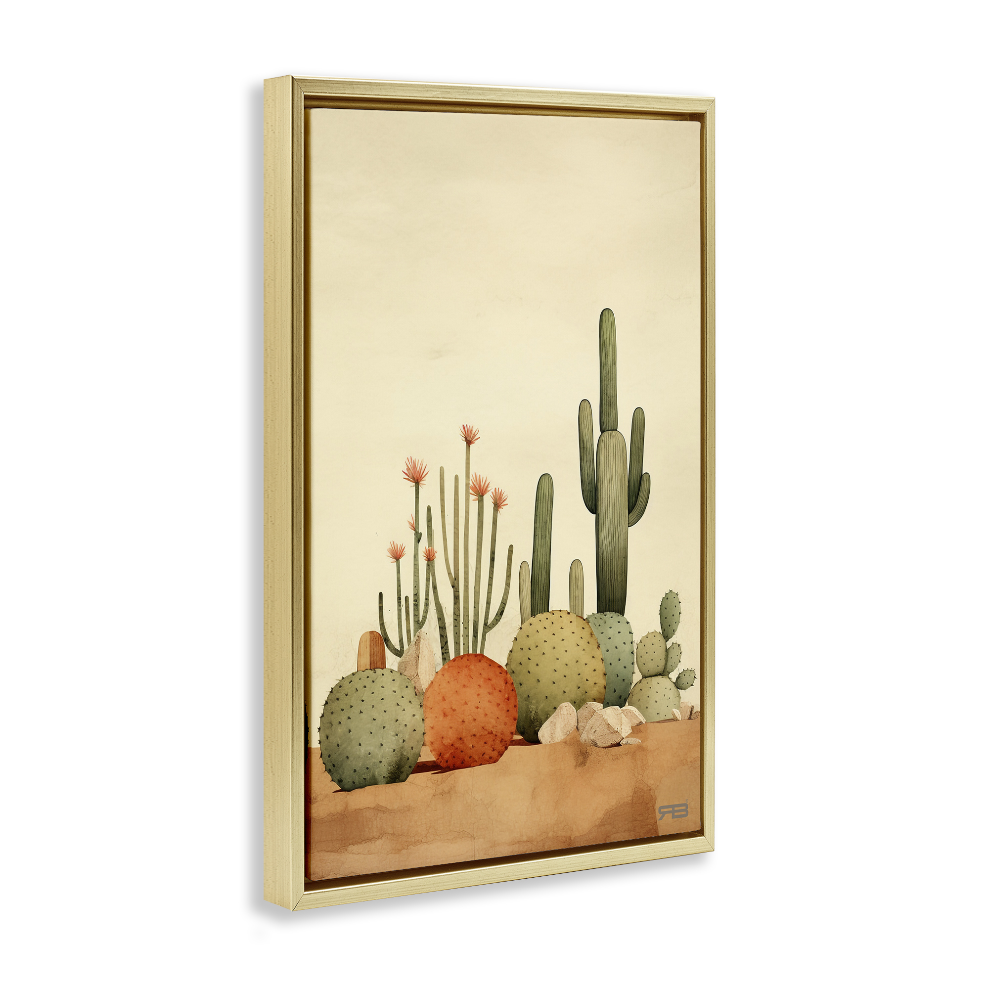 Stupell Industries Desert Cactus Scenery Landscape Painting Gold Floater Framed Art Print Wall Art, 21 x 31