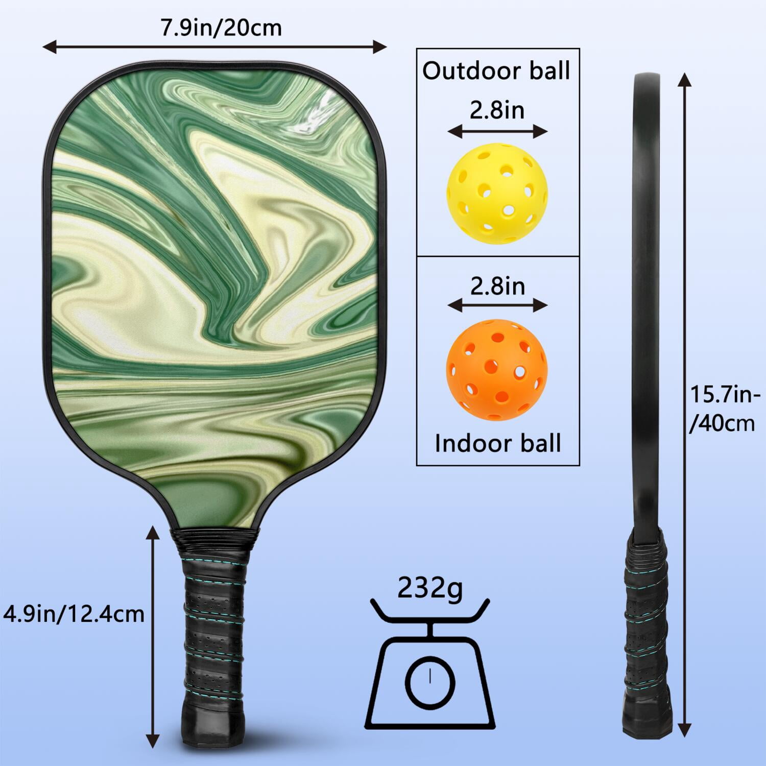 Pickleball Paddles Set Of 1, Fiberglass Surface, Liquid & Marble Print, 1 Paddles, 2 Balls & Bag